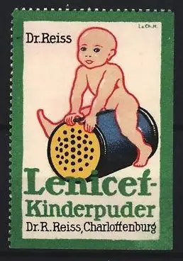 Reklamemarke Charlottenburg, Dr. R. Reiss, Lenicet-Kinderpuder, Baby auf Puderbehälter