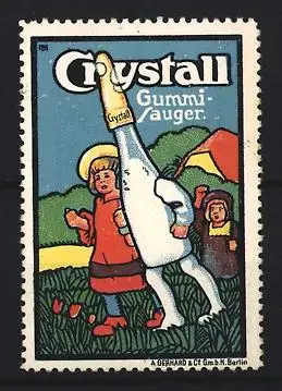 Künstler-Reklamemarke Michaelis, Crystall, Gummi-Sauger, Flasche mit Mädchen und Kind im Feld