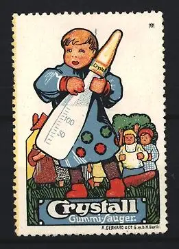 Künstler-Reklamemarke Michaelis, Crystall, Gummi-Sauger, Kind mit Flasche