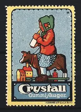 Künstler-Reklamemarke Michaelis, Crystall, Gummi-Sauger, Kind mit Flasche auf Kuh