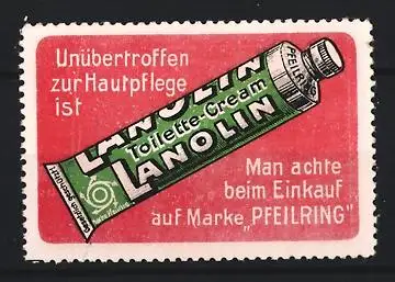 Reklamemarke Lanolin, Toilette-Cream, Tube auf rotem Hintergrund