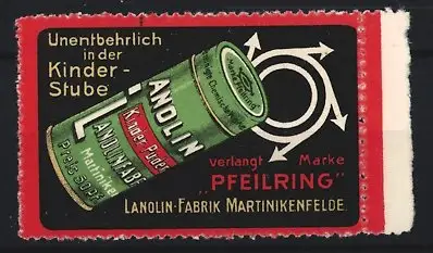 Reklamemarke Martinikenfelde, Lanolin, Kinderpuder, Pfeilring-Symbol