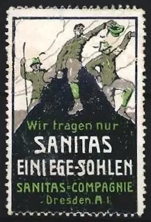Reklamemarke Dresden, Sanitas-Compagnie, Einlegesohlen, Bergsteiger mit Fahne