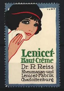 Reklamemarke Charlottenburg, Dr. R. Reiss, Lenicet-Fabrik, Haut-Crème, Frau mit Puderquaste