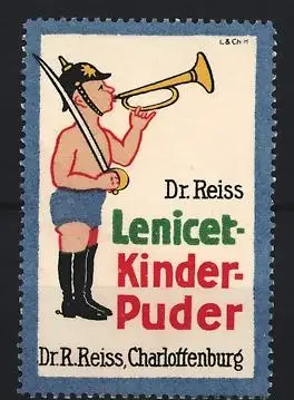 Reklamemarke Charlottenburg, Dr. R. Reiss, Lenicet-Kinder-Puder, Kind mit Helm und Trompete