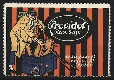 Reklamemarke Providol, Reise-Seife, Mann mit Kofferpacken