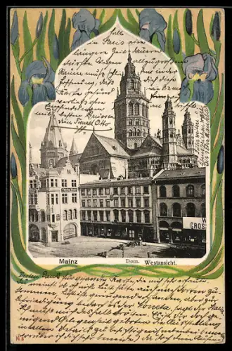 AK Mainz, Dom aus der Westansicht, Blumen im Passepartout