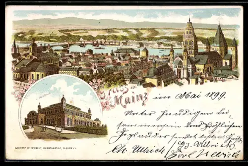 Lithographie Mainz, Stadthalle und Blick über den Ort