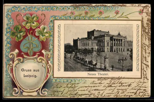 Präge-AK Leipzig, Neues Theater in der Aussenansicht, Klee im Passepartout