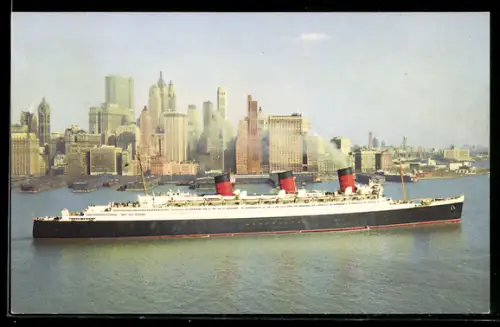 AK New York, NY, Passagierschiff R.M.S. Queen Mary der Cunard Reederei im Hafen von New York