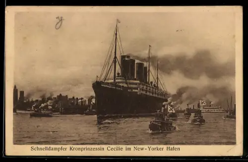 AK Passagierschiff Kronprinzessin Cecilie vom Norddeutschen Lloyd verlässt den Hafen von New York