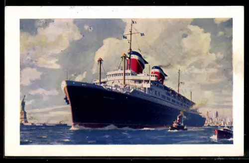 AK Passagierschiff S.S. America im Hafen von New York vor der Freiheitsstatue