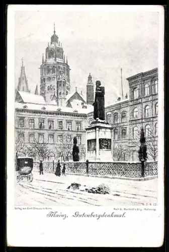 Künstler-AK Mainz, Gutenbergdenkmal im Schnee