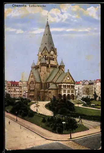 AK Chemnitz, Lutherkirche mit Strassenpartie