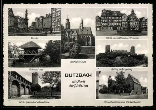 AK Butzbach, Römerturm, Markuskirche, Ruine Münzenberg, Markt, Wehrgang und Hexenturm, Rathaus, Brunnen