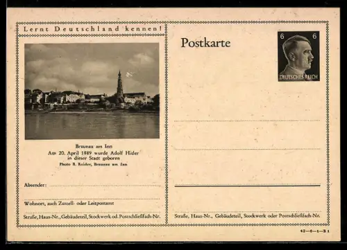 AK Braunau am Inn, Ansicht der Stadt vom gegenüberliegenden Ufer aus, Ganzsache Lernt Deutschland kennen