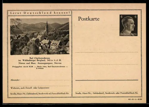 AK Bad Charlottenbrunn /Waldenburger Bergland, Teilansicht des Ortes mit Kirche, Ganzsache