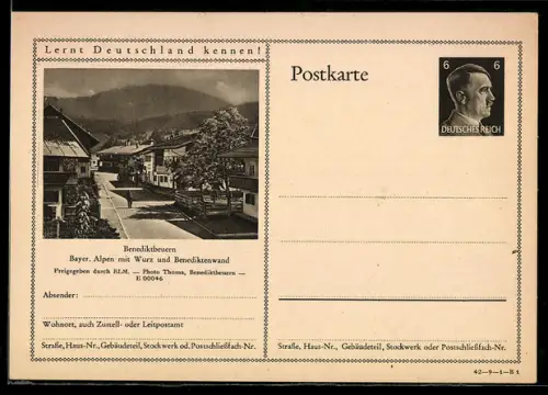 AK Benediktbeuern /Bayr. Alpen, Ortsansicht mit Alpenpanorama, Ganzsache Lernt Deutschland kennen
