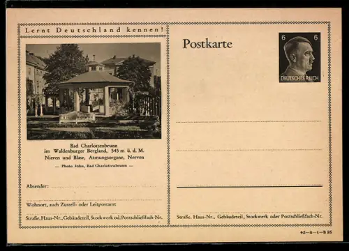AK Bad Charlottenbrunn /Waldenburger Bergland, Pavillon im Kurgelände, Ganzsache Lernt Deutschland kennen