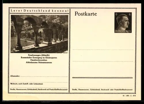 AK Feuchtwangen /Mittelfr., Romanischer Kreuzgang im Klostergarten, Ganzsache Lernt Deutschland kennen