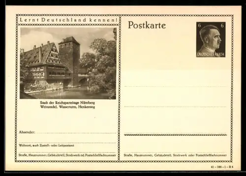 AK Nürnberg, Weinstadel, Wasserturm, Henkersteg, Ganzsache Lernt Deutschland kennen