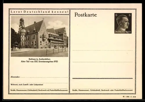 AK Aschersleben, Rathaus, Alter Teil von 1517 und Erweiterungsbau 1935, Ganzsache Lernt Deutschland kennen