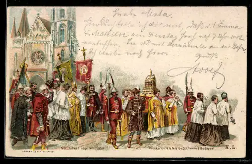 Lithographie Budapest, Procession à la féte de St. Etienne à Budapest, Ganzsache