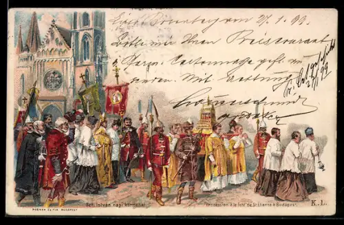 Lithographie Budapest, Procession à la féte de St. Etienne a Budapest, Ganzsache