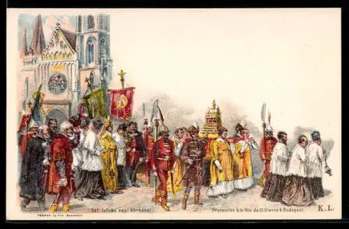 Lithographie Budapest, Procession à la féte de St. Etienne à Budapest, Ganzsache