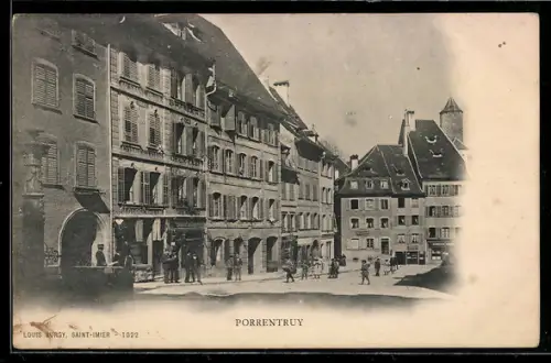 AK Porrentruy, Strassenansicht mit Häusern und Turm