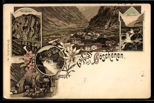 Lithographie Göschenen, In der Schöllenen, Teufelsbrücke, St. Gotthard Befestigung