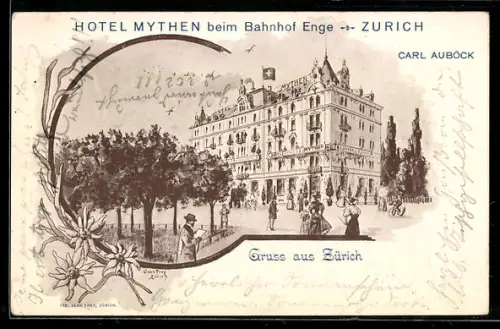 Lithographie Zürich, Hotel Mythen, Inh. Carl Auböck, beim Bahnhof Enge