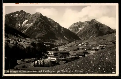 AK Hirschegg, Ortsansicht, Elfer- und Zwölferköpfl und Widderstein