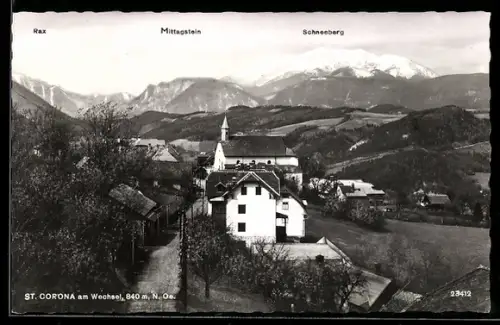 AK St. Corona am Wechsel, Ortsansicht mit Kirche und Bergpanorama