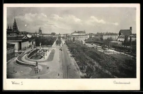 AK Wien, Parlament mit Ringstrasse und Rathaus