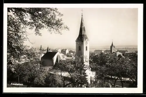 AK Amstetten, Ortspanorama mit Kirchtürmen