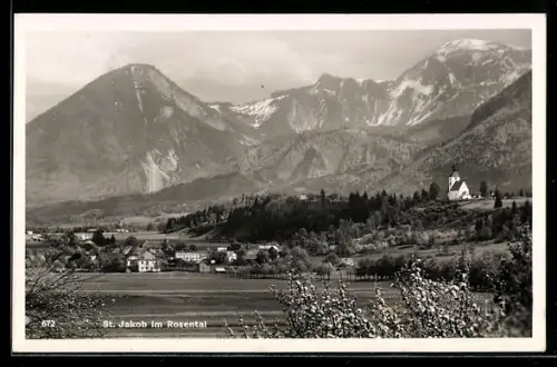AK St. Jakob im Rosental, Ortsansicht mit Kirche und Gebirgspanorama
