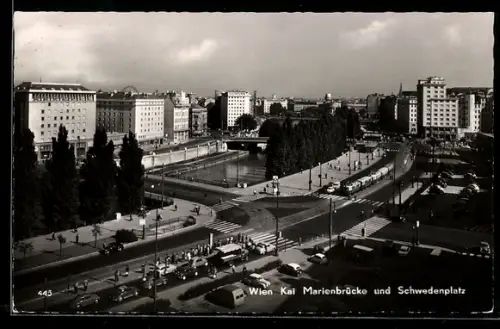 AK Wien, Kai, Marienbrücke und Schwedenplatz aus der Vogelschau