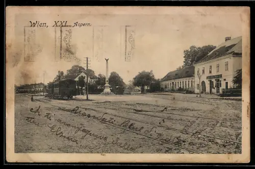 AK Wien, Aspern, Platz mit Denkmal und Strassenbahngleisen