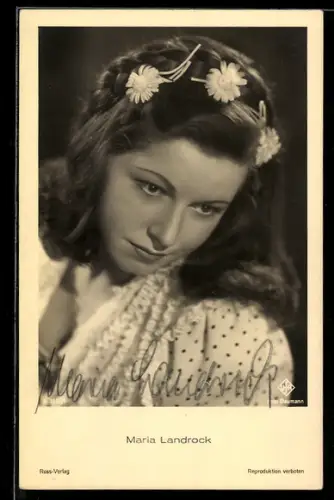 AK Schauspielerin Maria Landrock nachdenklich nach unten schauend, Autograph