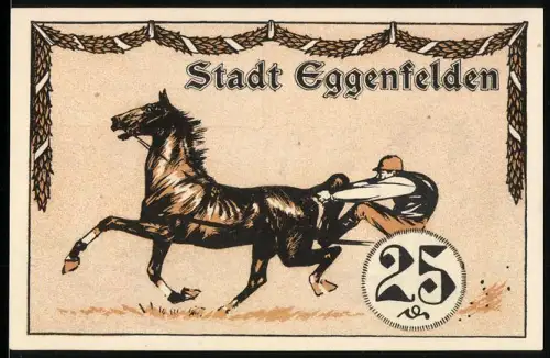 Notgeld Eggenfelden, 25 Pf., Pferd zieht Mann und Bauer mit Ochse beim Pflügen