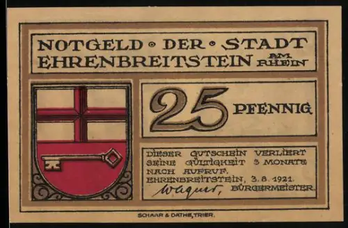 Notgeld Ehrenbreitstein a. Rhein 1921, 25 Pfennig, Wappen und humorvolle Szene mit Mann und Frau