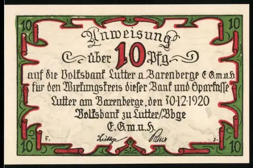 Notgeld Lutter a. Barenberge 1920, 10 Pfennig, Flucht Christians von Dänemark nach Schlacht 1626