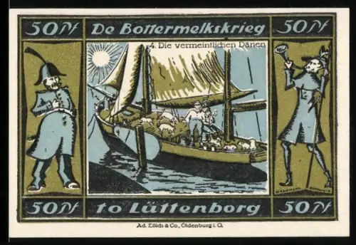 Notgeld Lütjenburg 1921, 50 Pfennig, De Bottermelkskriege mit Segelschiff und Figuren, Wappen