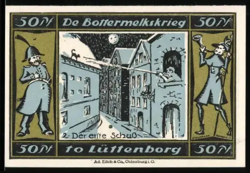 Notgeld Lütjenburg 1921, 50 Pfennig, Der dritte Schuss und Wappen