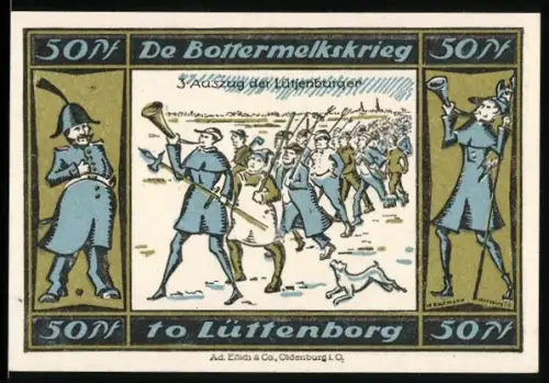 Notgeld Lütjenburg 1921, 50 Pfennig, Buttermelkskrieg, Auszug der Lütjenbörger, Wappen
