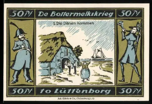 Notgeld Lütjenburg 1921, 50 Pfennig, De Bottermelkskrieg, Küstenlandschaft, Segelschiff, Stadtwappen