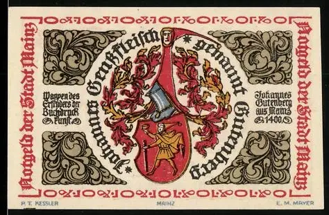 Notgeld Mainz 1921, 10 Pfennig, Gutenberg-Wappen und Mainzer Räder