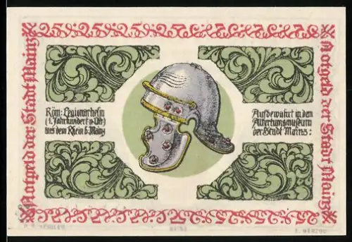 Notgeld Mainz 1921, 25 Pfennig, Römischer Legionärshelm und Wappen der Stadt Mainz