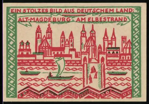 Notgeld Magdeburg 1921, 50 Pfennig, Alt-Magdeburg und Otto I. auf Pferd, Ortsansicht und Elbestrand